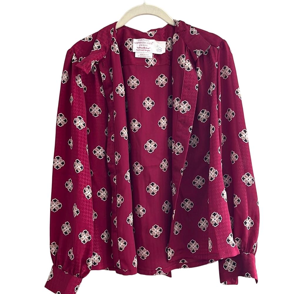Pendleton Vintage Secretary High Neck Blouse Burgundy Neck Tie-Made USA-Size 8P